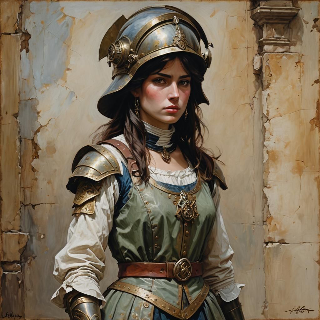 Young Woman in Templar Armor, Oil Painting