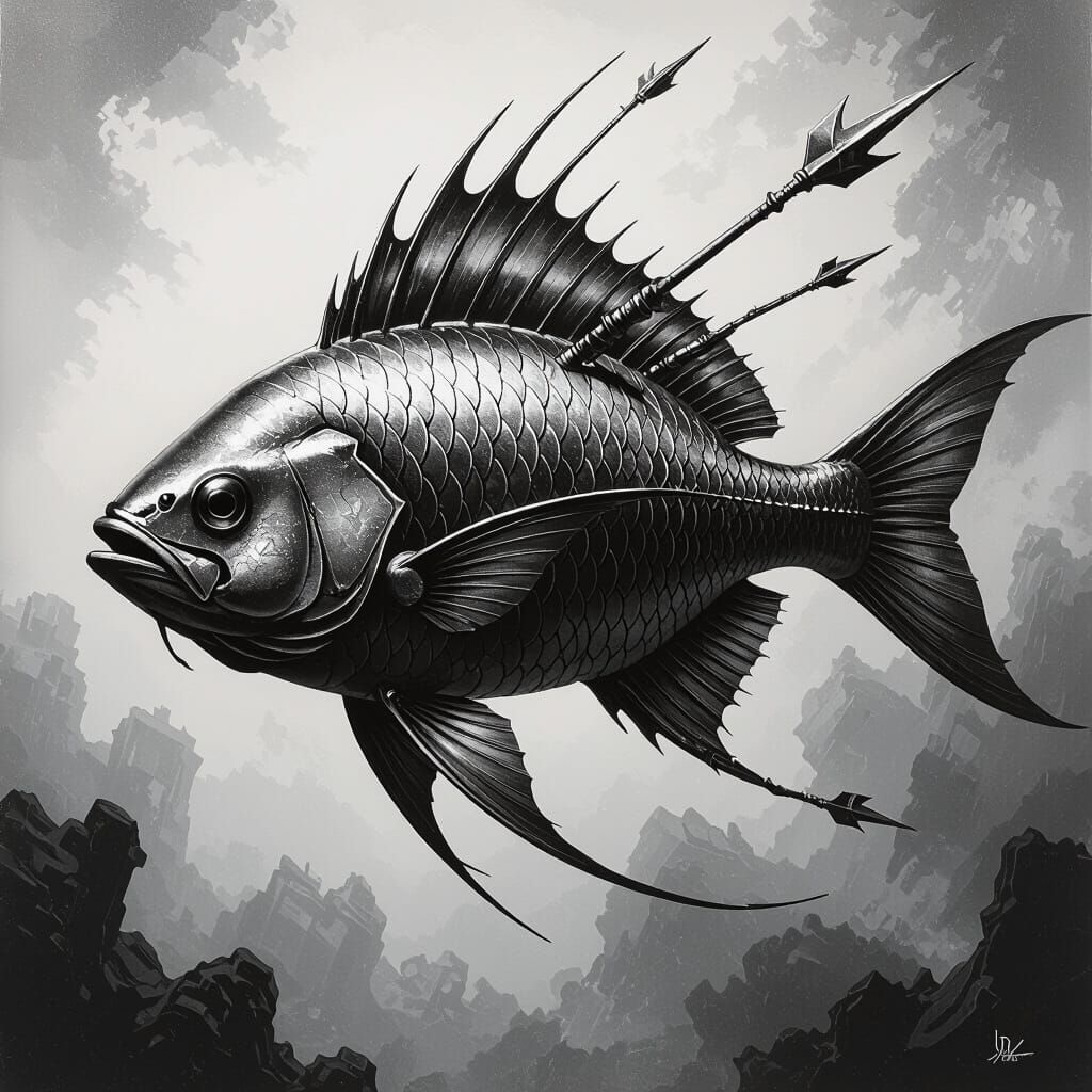 Metallic Fish Pierced by Harpoons Symbolizing Power