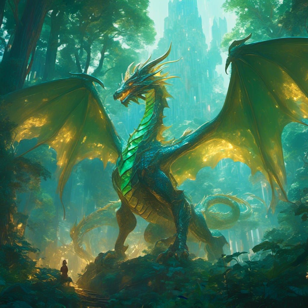 Transparent Dragon with Golden Design in Misty Forest