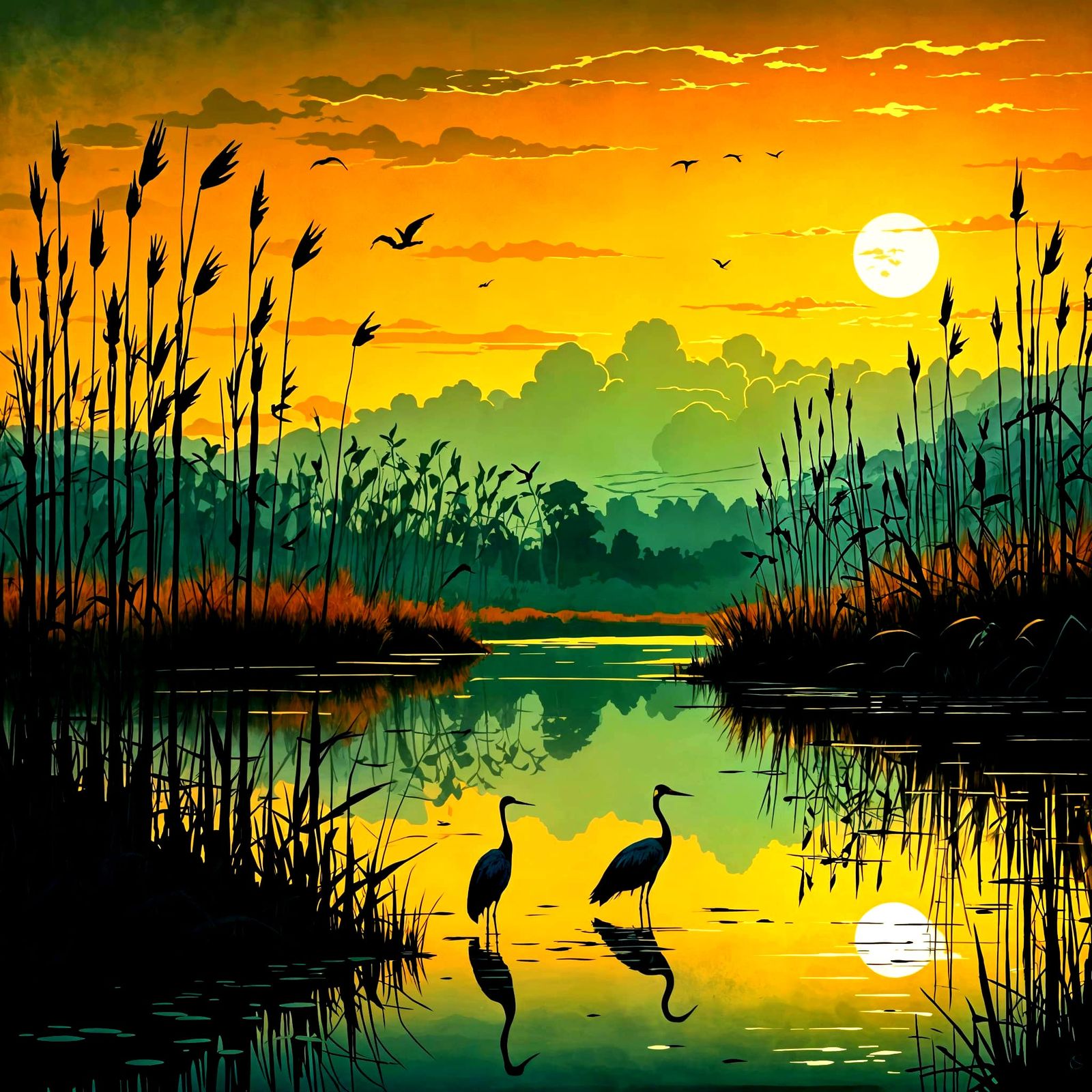 Cranes at Sunset in Mignola Style