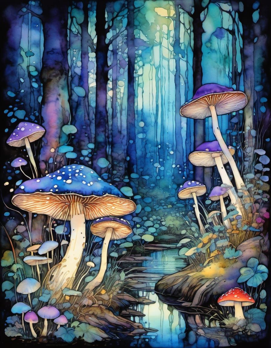 Moonlit Mushrooms: A Detailed Watercolour Forest Illustratio...