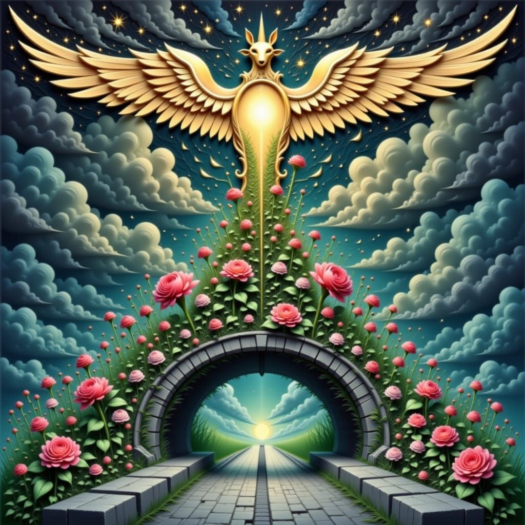 Flower-Covered Bridge in Golden Twilight Sky