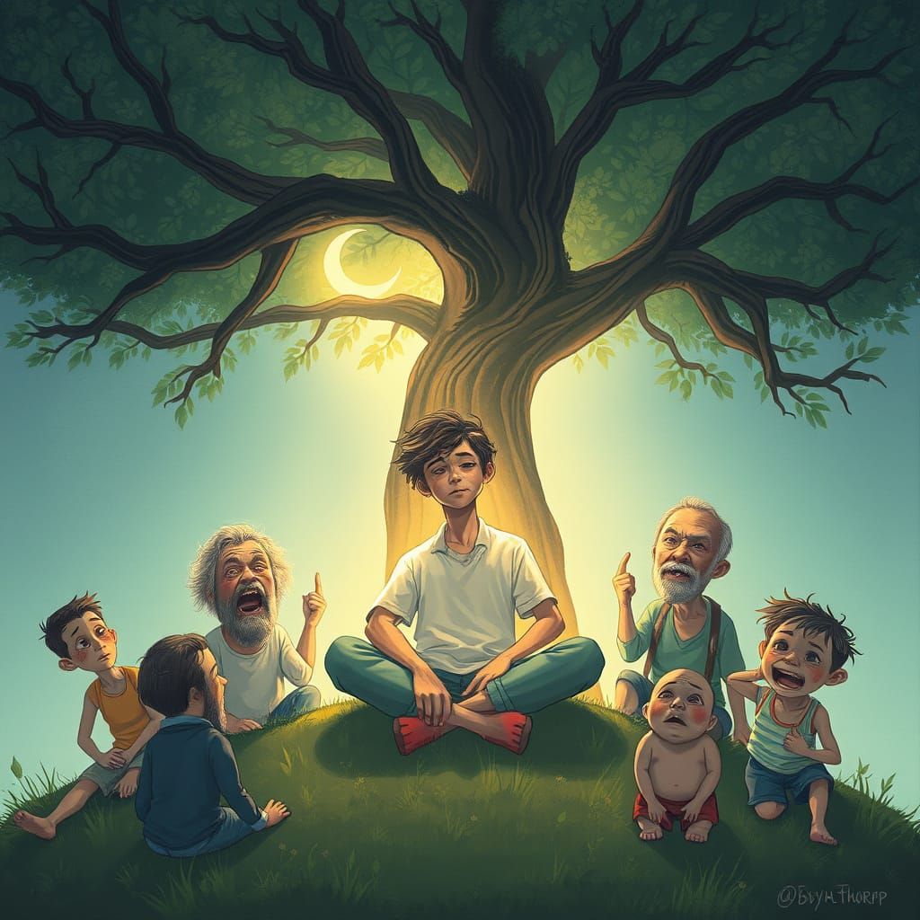 Serene Glowing Figure Amidst Chaos, Whimsical Art