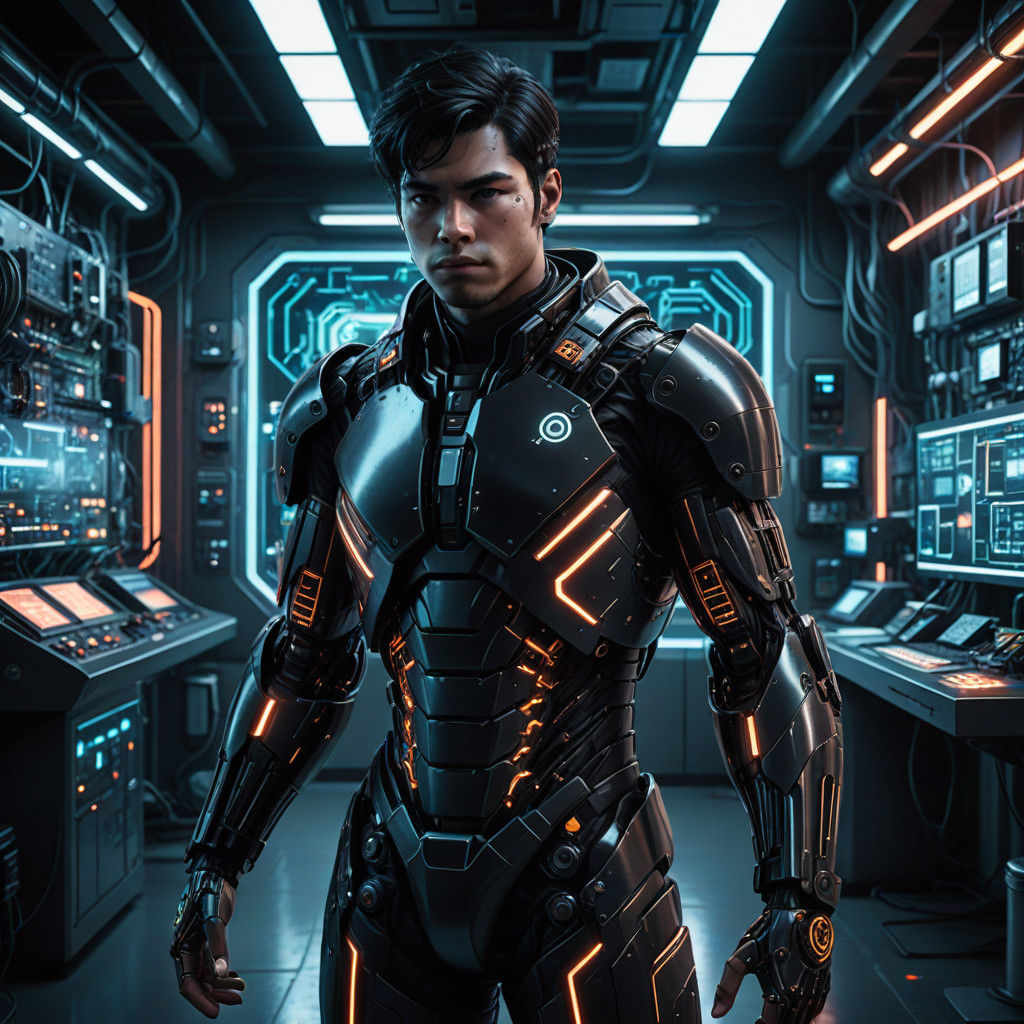 Cyborg in Neon Noir Lab Scene