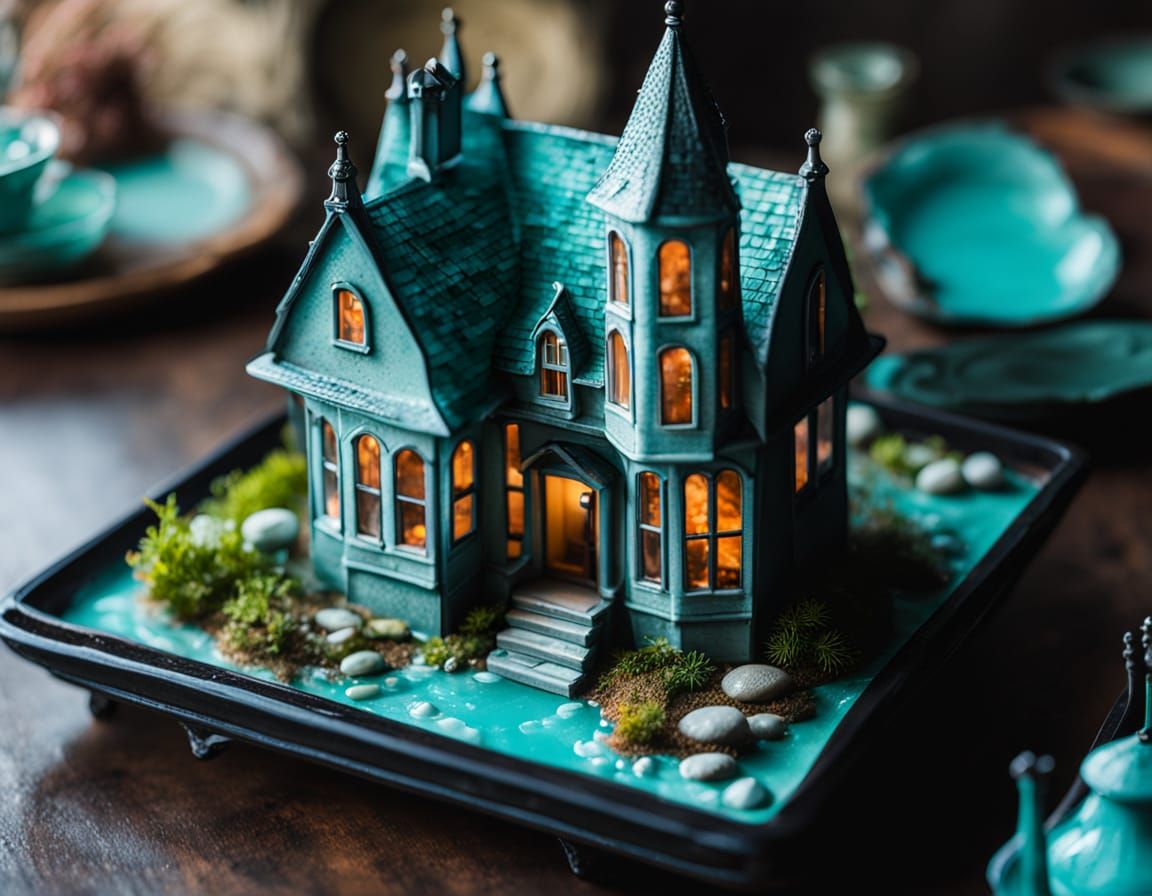 Noir Miniature Turquoise Castle by Pond