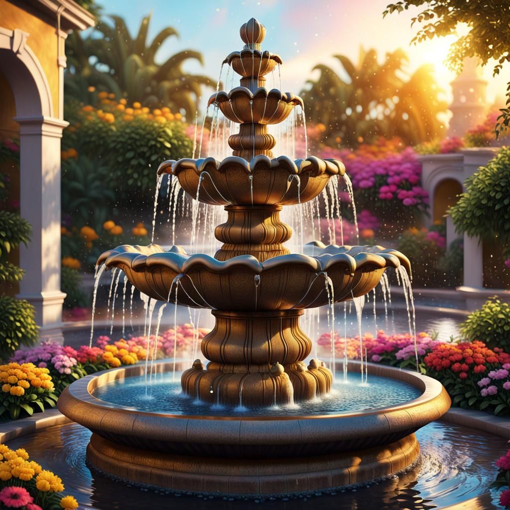 Hyperrealistic Fountain with Golden Light and Flowers