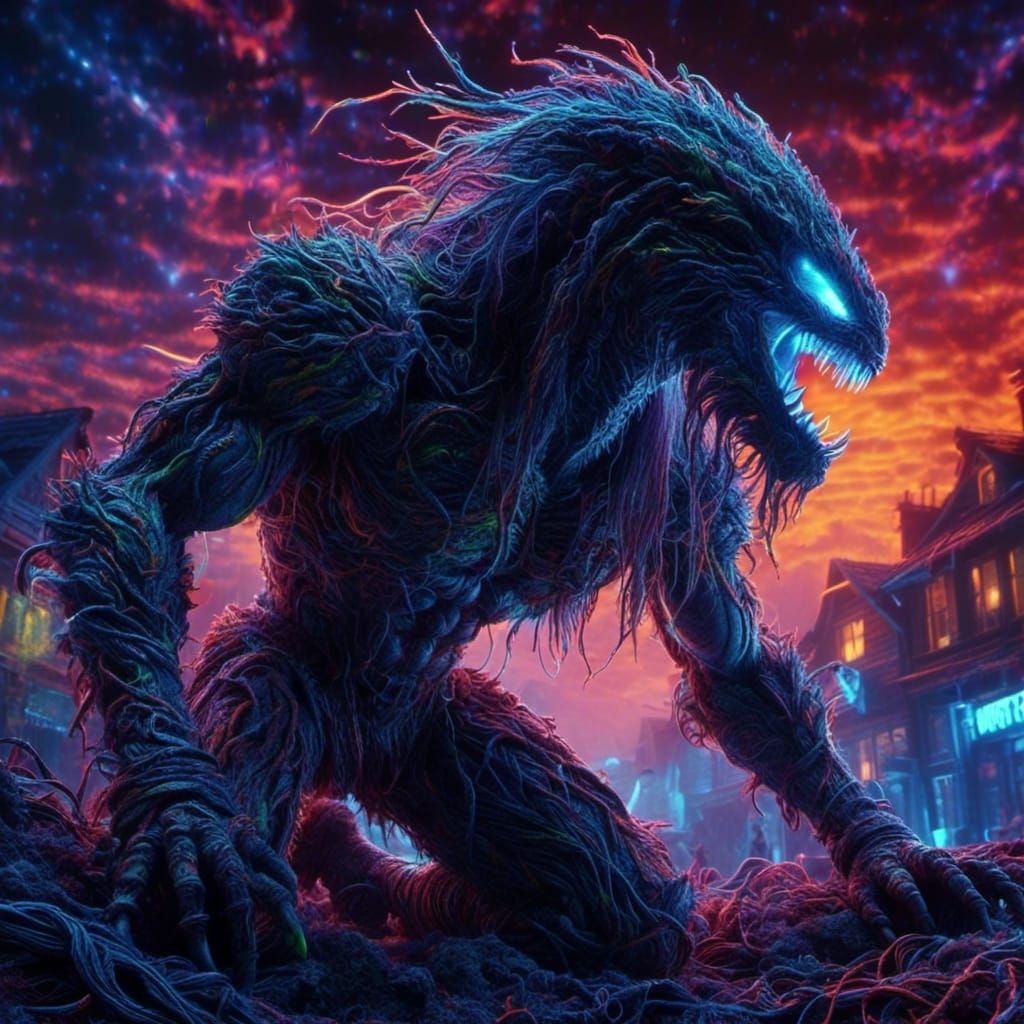 Neon Xenomorph Figure in a Night Sky