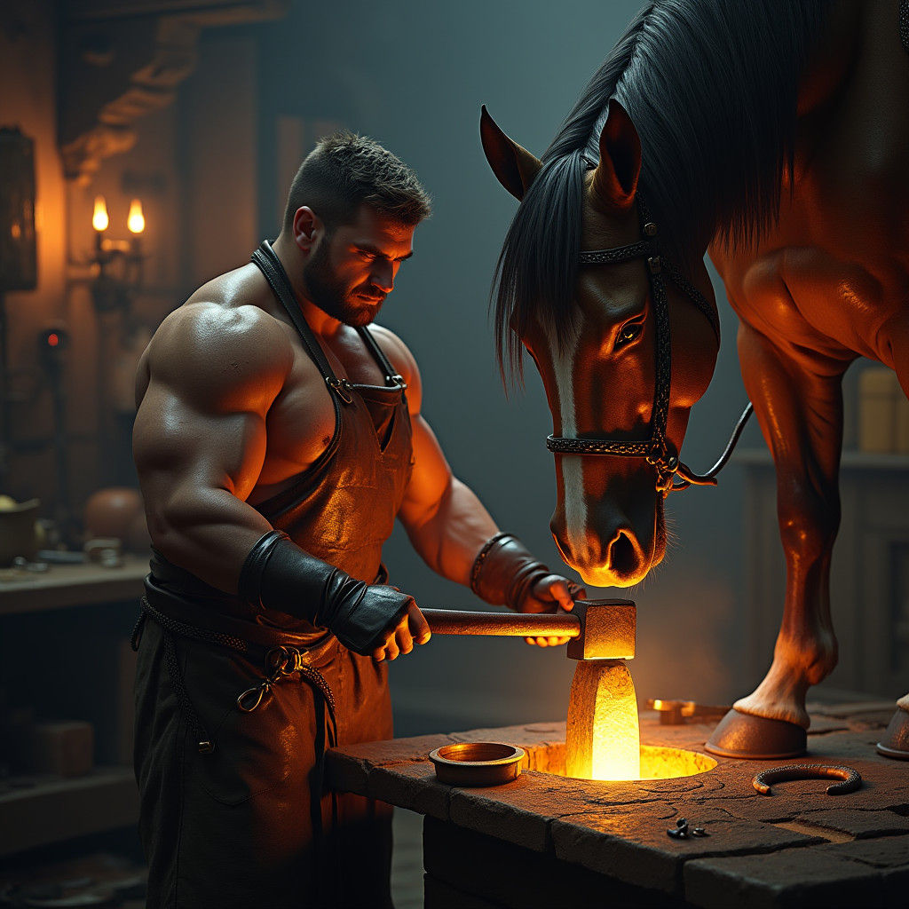 Blacksmith and Warhorse in Mystical Forge