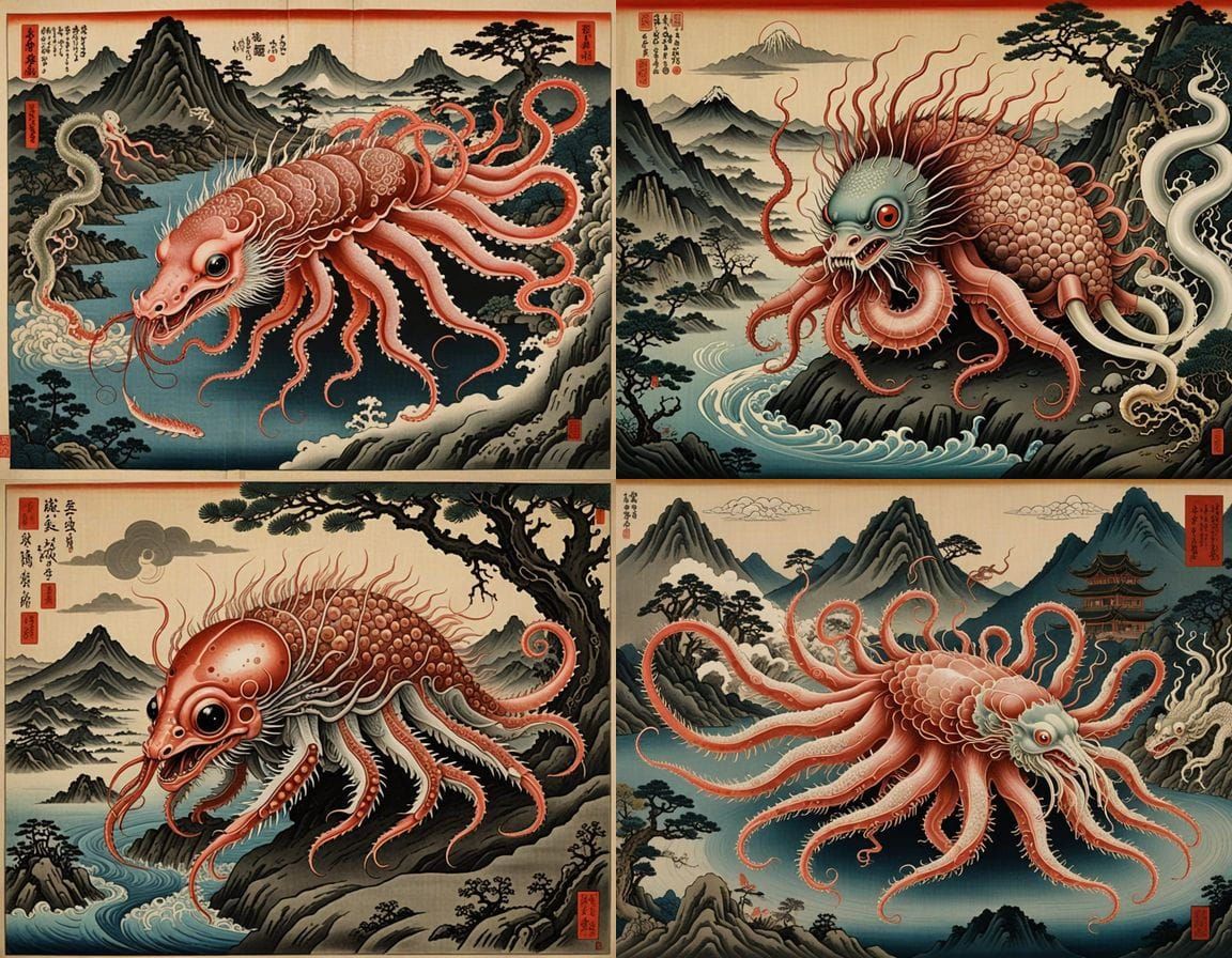 Mythical Creatures in Ukiyo-e Style