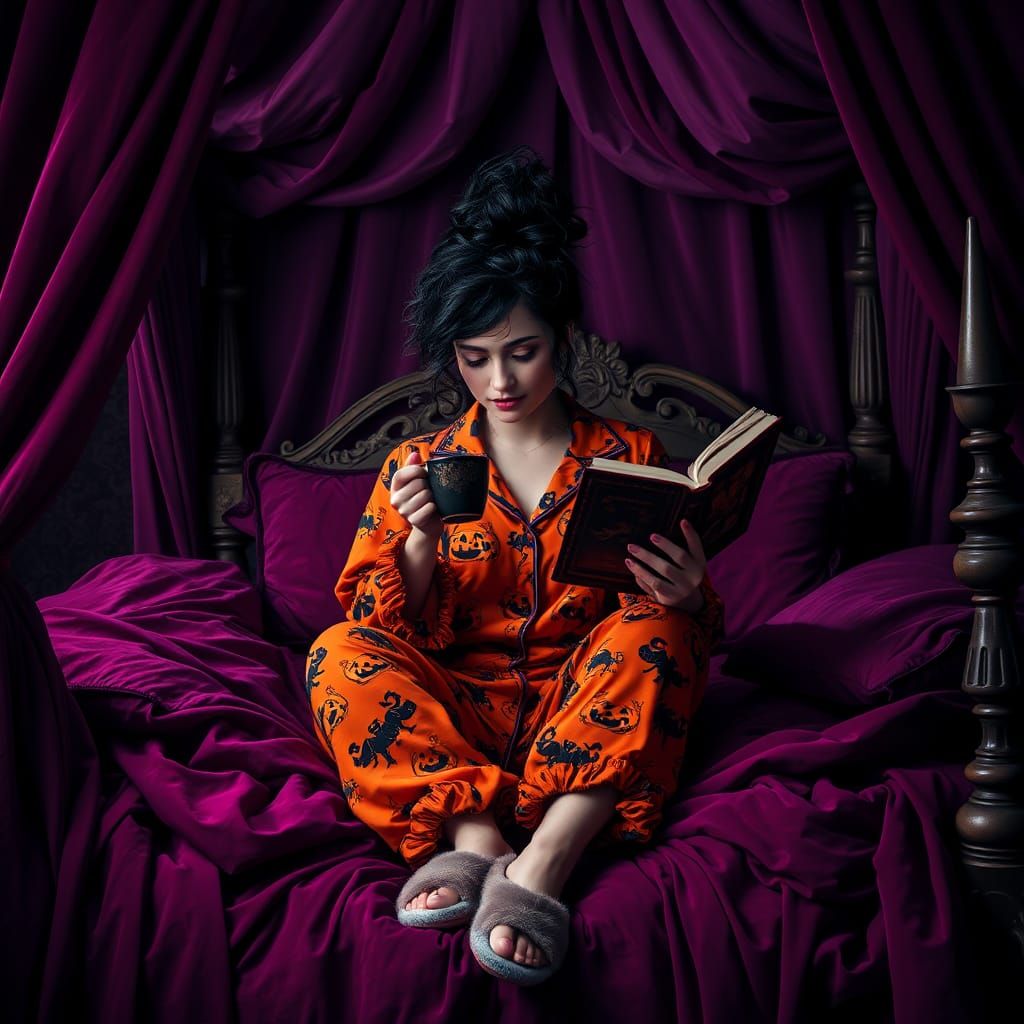 Gothic Halloween: Woman Enjoying Tea in Bed