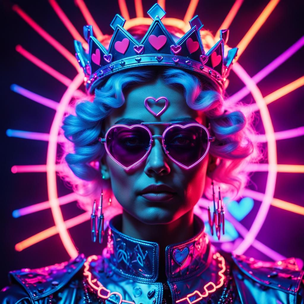 Cyberpunk Queen Portrait with Neon Lights and Holograms