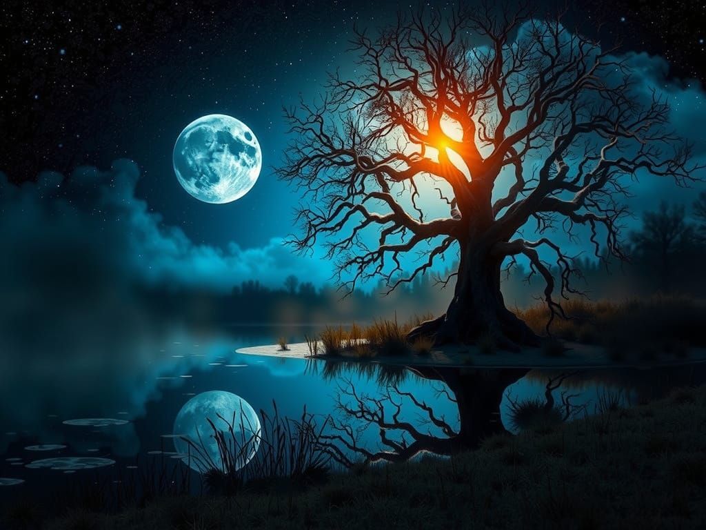 Ethereal Blue Moon Silhouette in a Serene Nighttime Scene