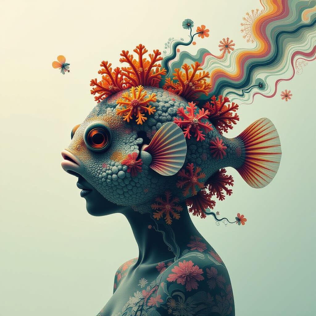 Surreal Pufferfish Coral Portrait with Fractal Colors
