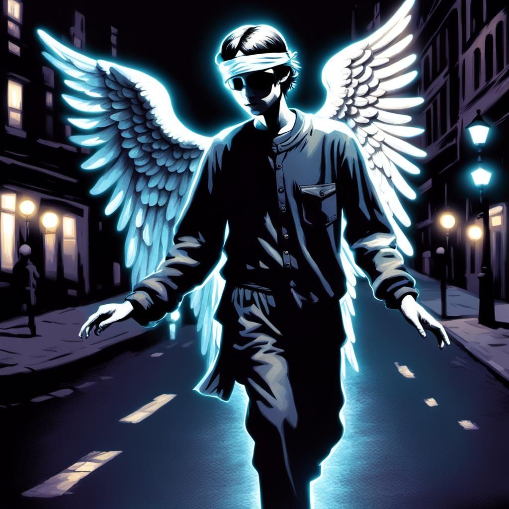 Angel Guiding Blind Person Through City Night