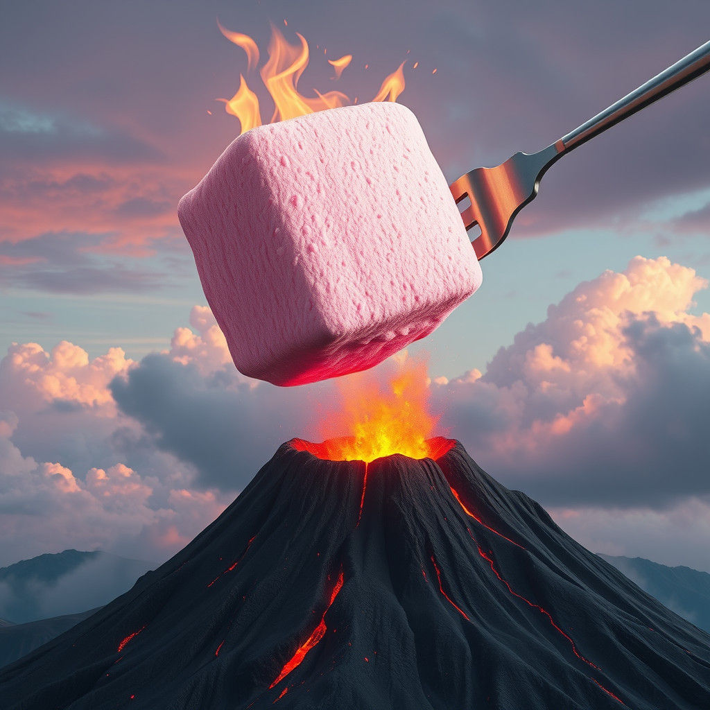 Marshmallow Toasting Over Volcano: Photorealistic Matte Pain...