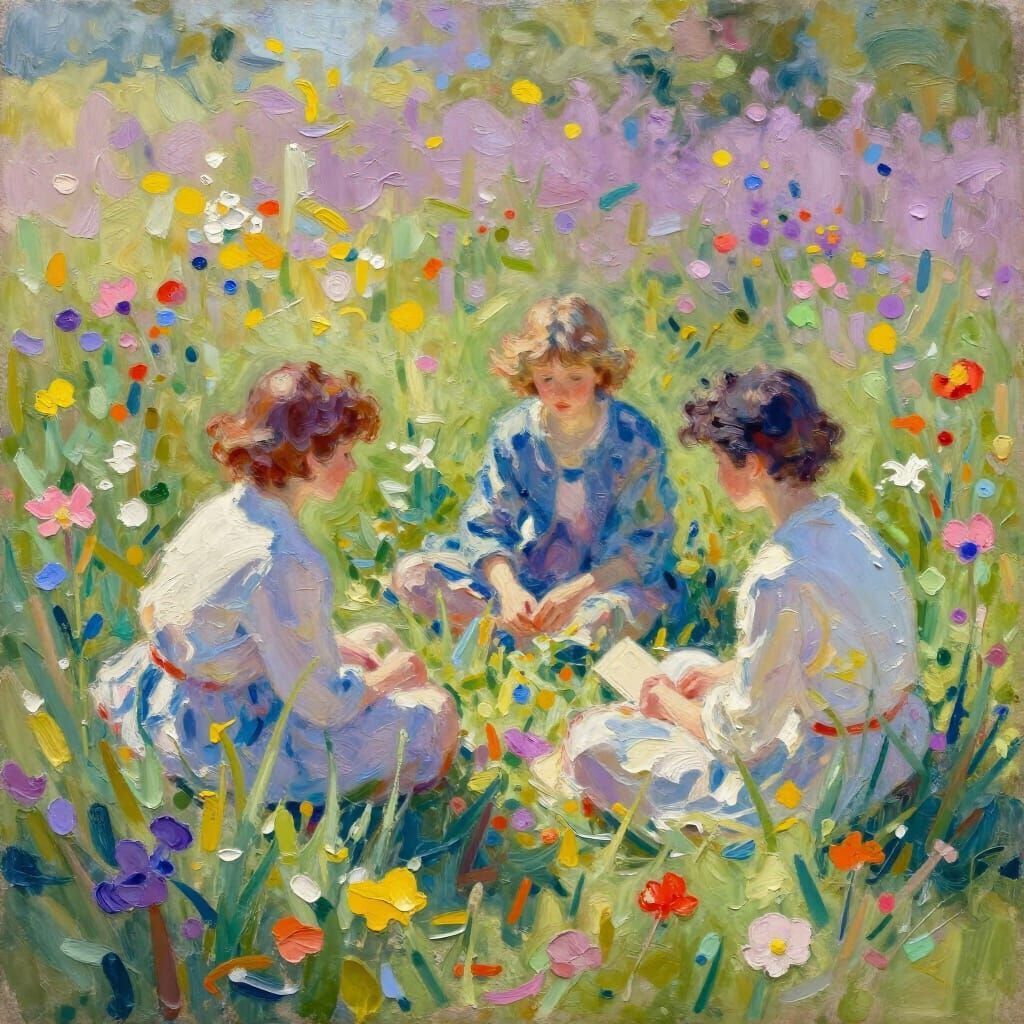 Friends in a Flower Field, Gouache & Watercolor Masterpiece