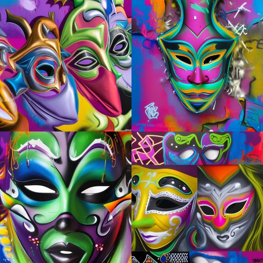 Colorful Mardi Gras Masks as Graffiti Art
