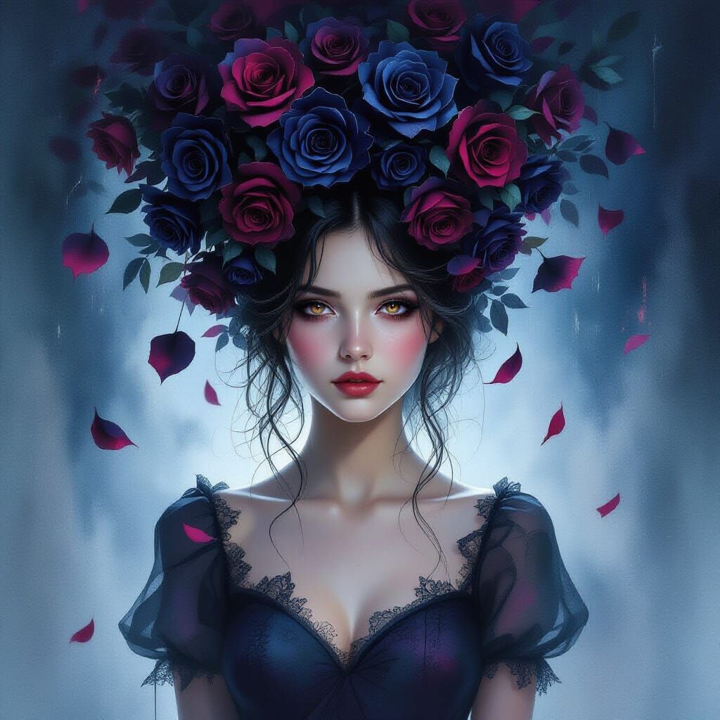 Surreal Watercolor of Woman in Ink Rose Rain