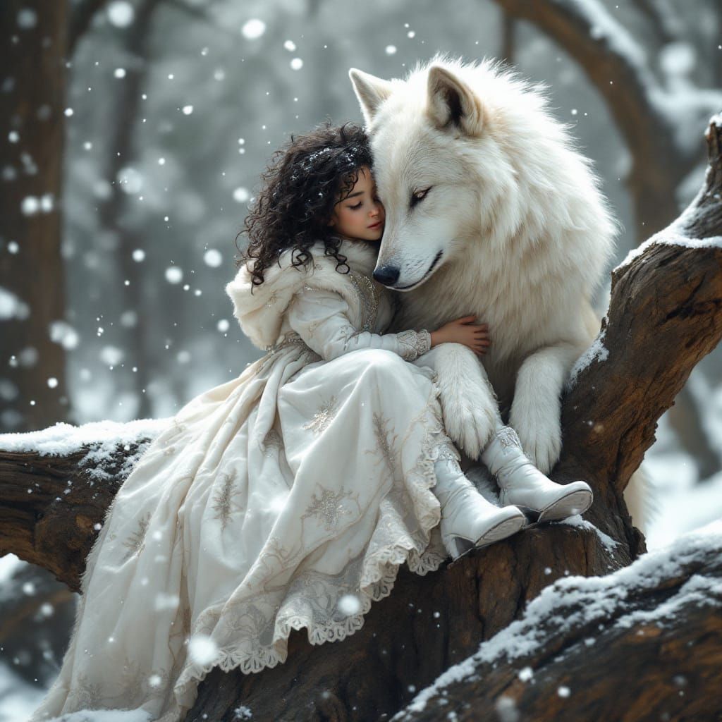 Little Girl and White Wolf in Winter Wonderland