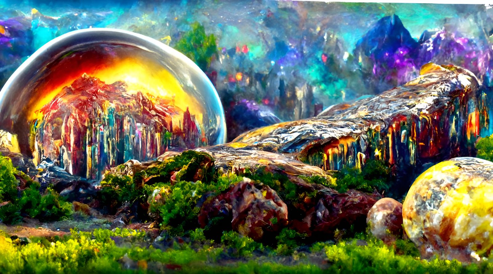 Rainbow Geode in Futuristic Forest Landscape