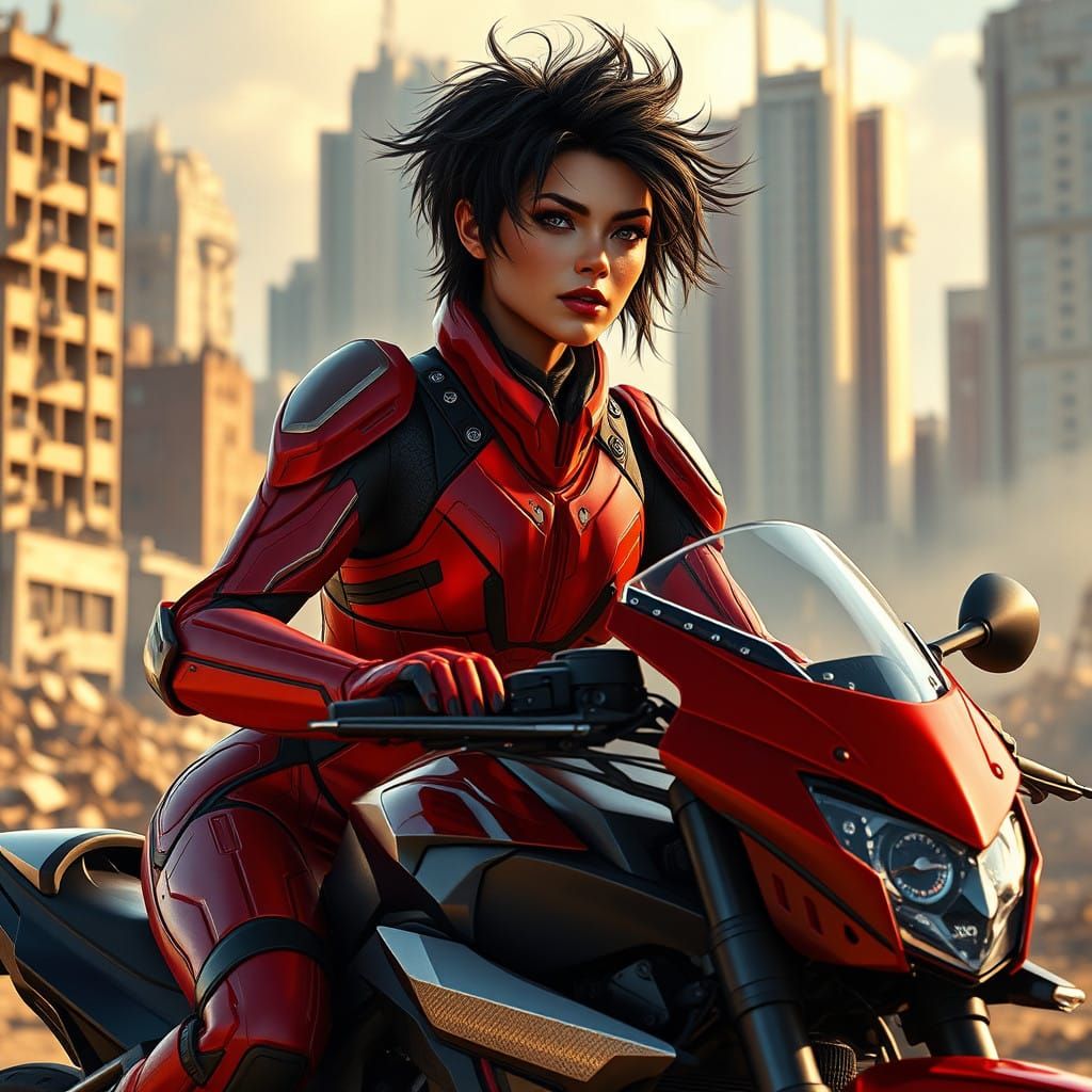 Cyberpunk Warrior in High-Tech Armor, Ready to Speed Off