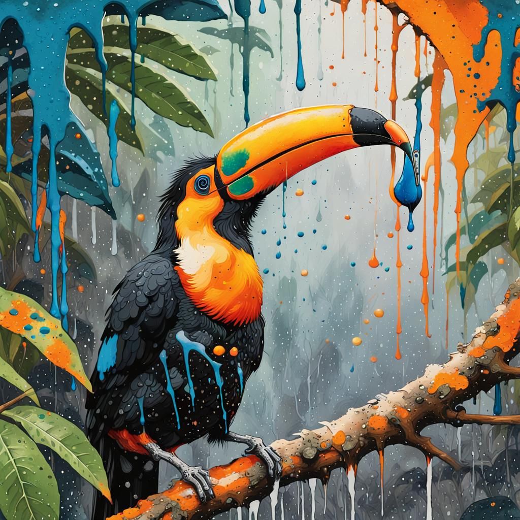 Toco Toucan in Rainforest, Ink Splash Art