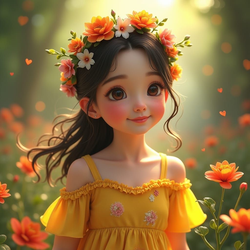 Girl in Flower Blossom Yellow Sundress