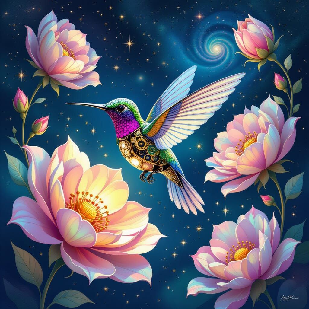 Clockwork Hummingbird Among Cosmic Flowers