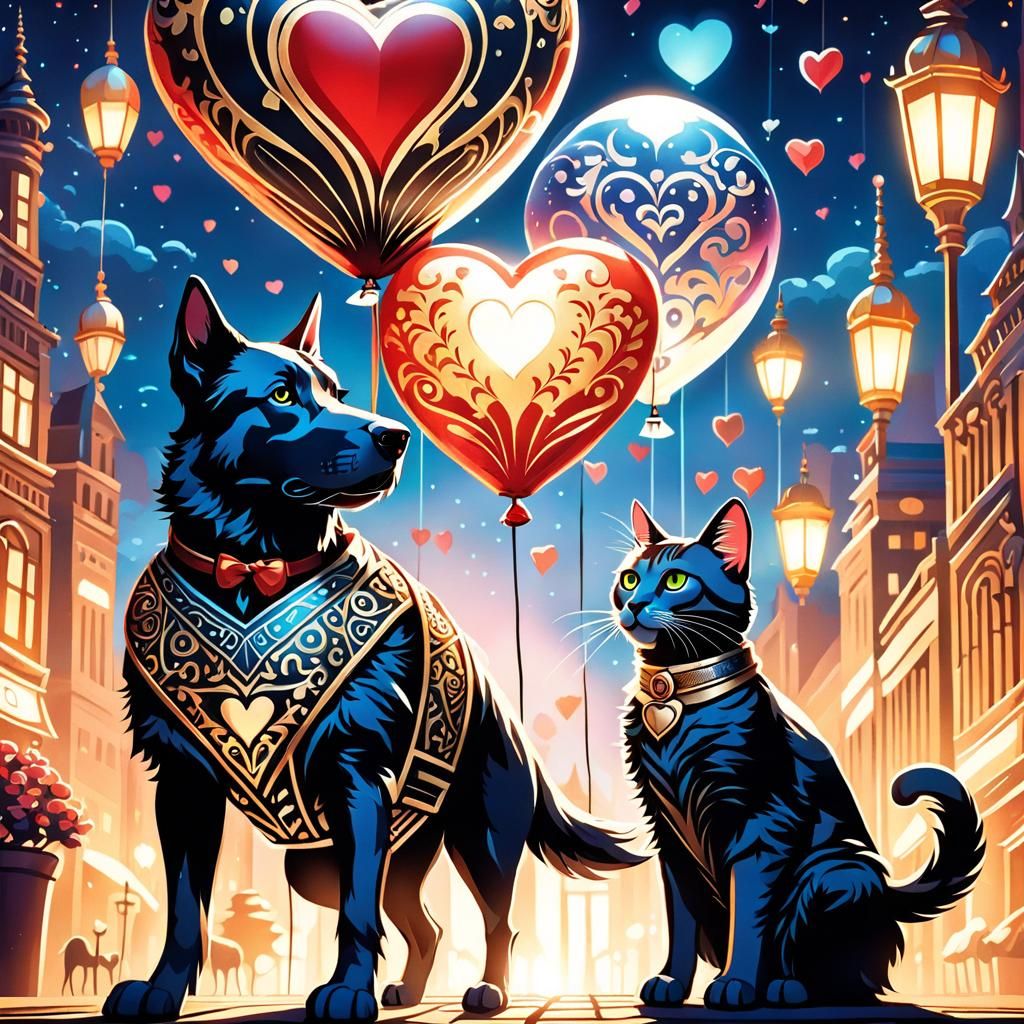 Dog and Cat with Heart Balloon in Cityscape