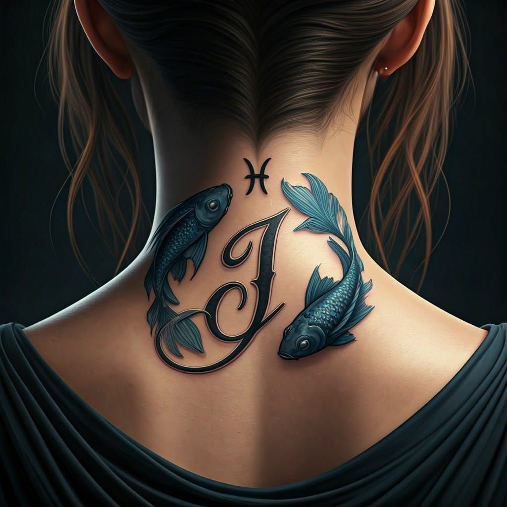 Pisces Tattoo on Woman's Neck, Digital Art