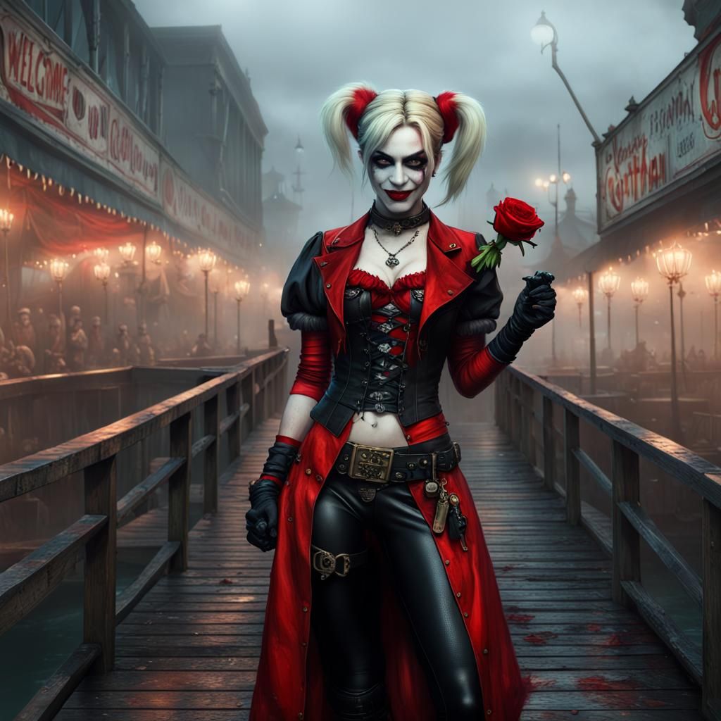 Harley Quinn at Abandoned Carnival: Dark Fantasy Art