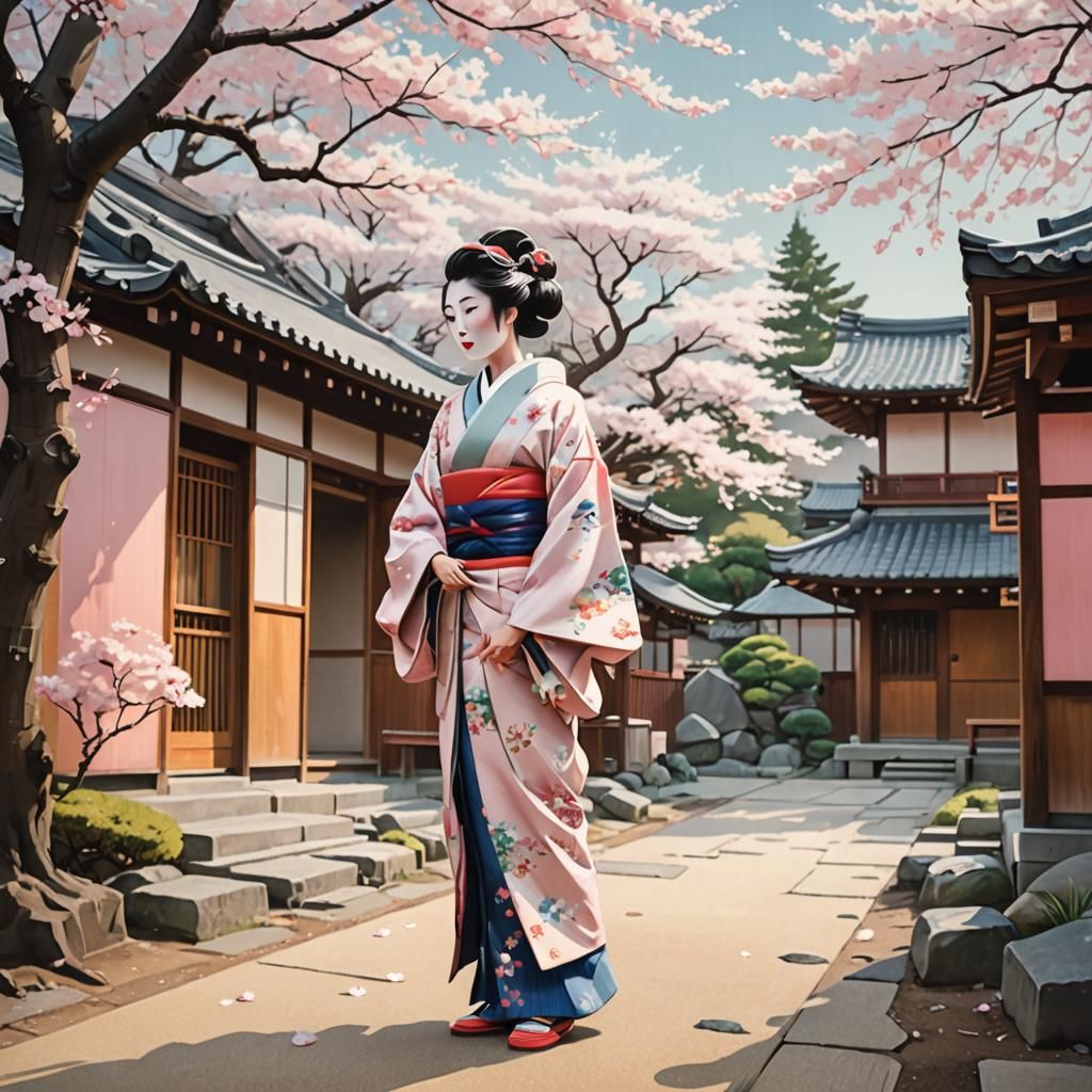 Geisha in Kimono: Ukiyo-e Woodblock Print