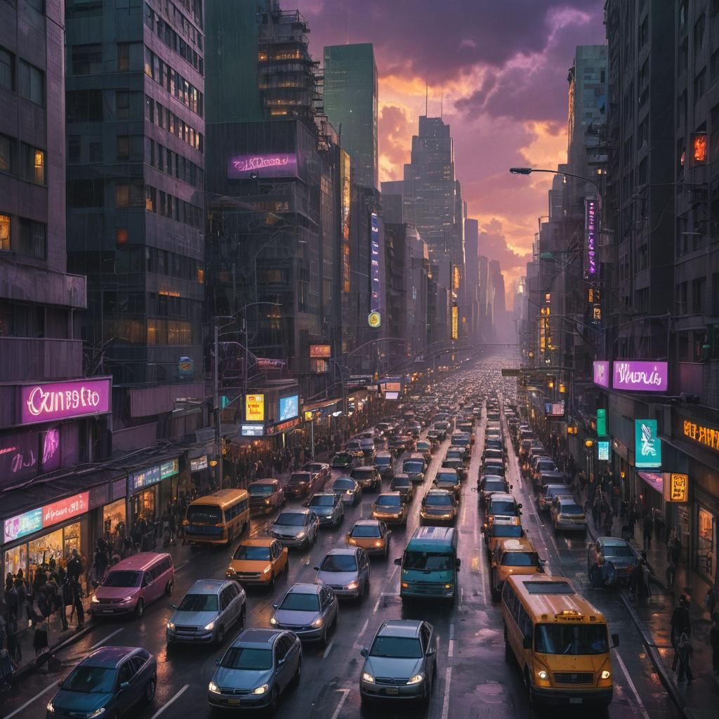 City Traffic Jam at Dusk: Fantasy Concept Art