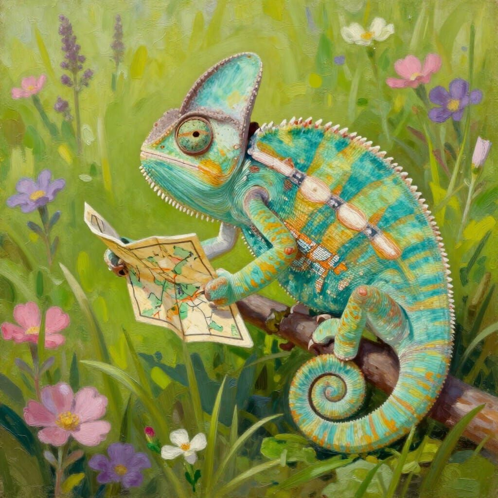 Chameleon Scout Navigates Flower Field with Tiny Map, Oil Pa...