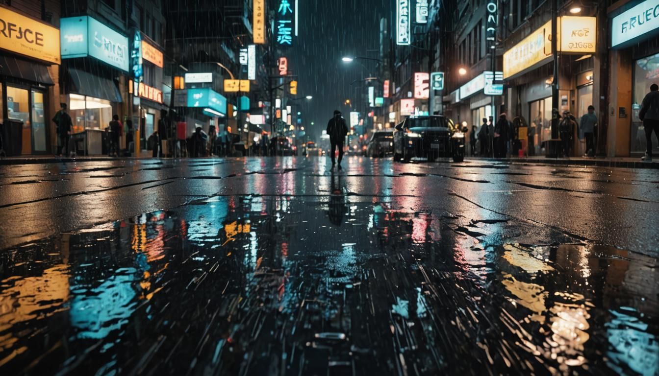 Futuristic Cityscape in Rain with Neon Reflections