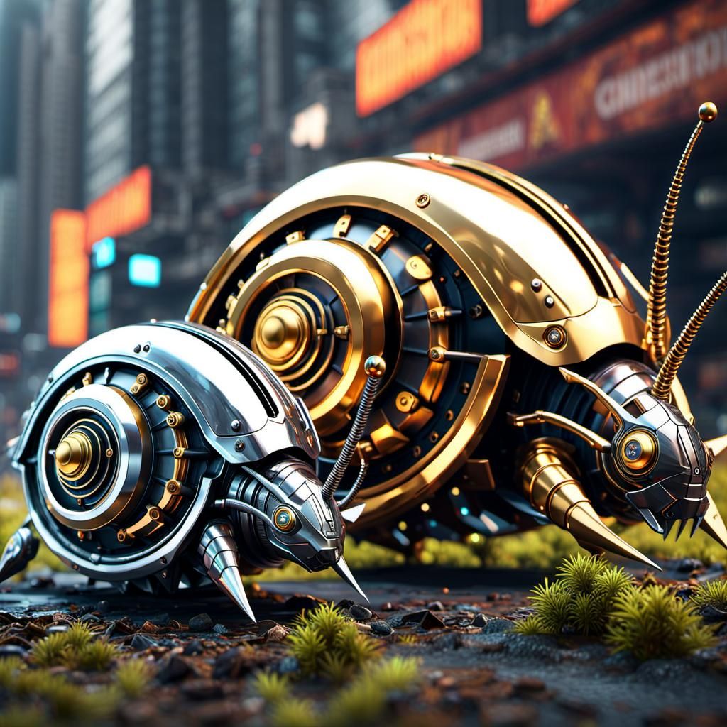 Hyperdetailed Metal Snails in a Sci-Fi Fantasy Landscape