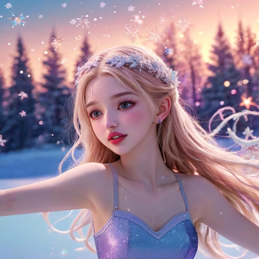 Anime Ballet Dancer on Frozen Lake at Twilight