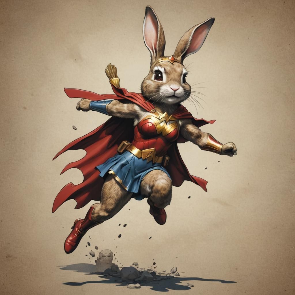 Anthropomorphic Bunny as wonderwoman standing in a small cra...