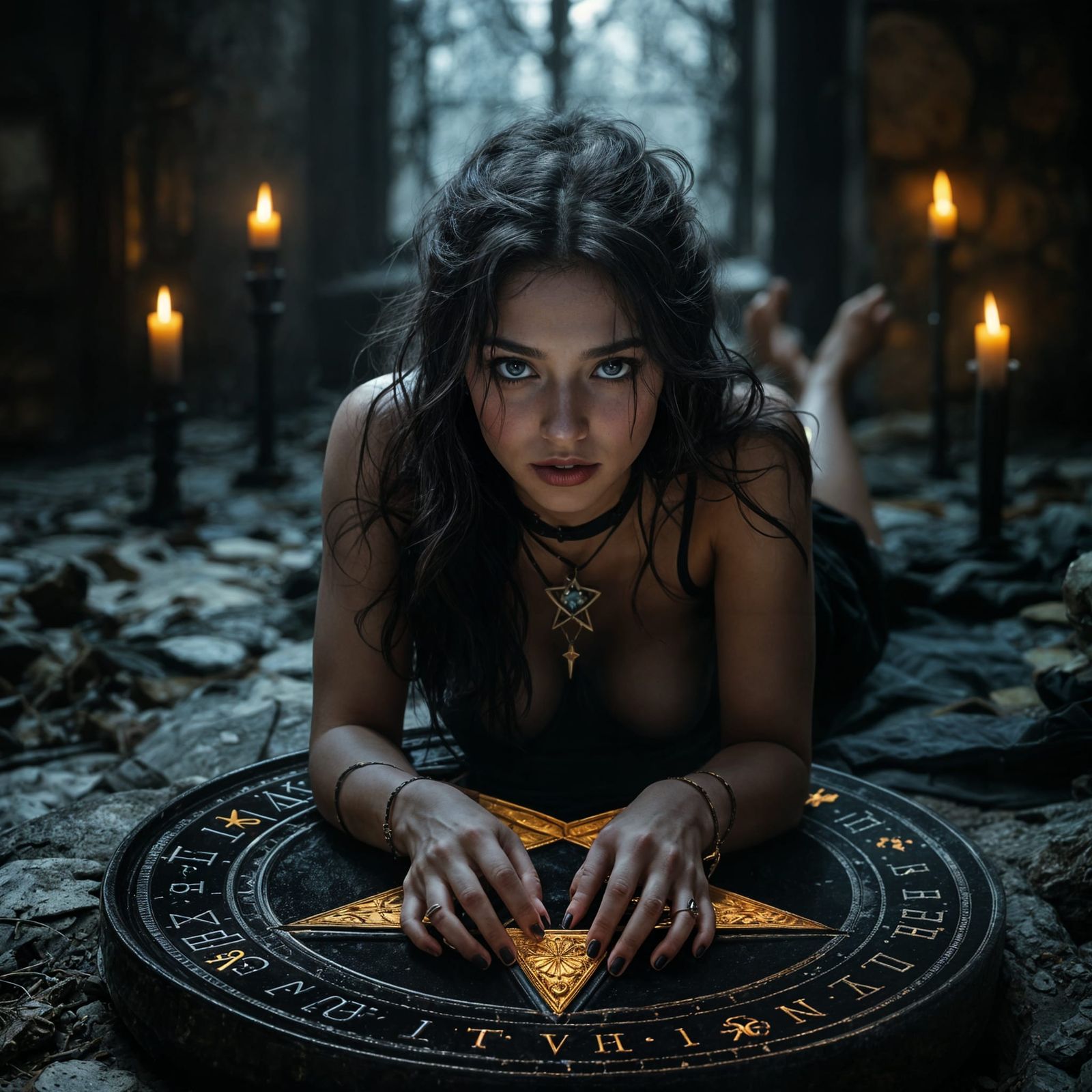 Witch Performing Dark Ritual in Romantic Fantasy Style
