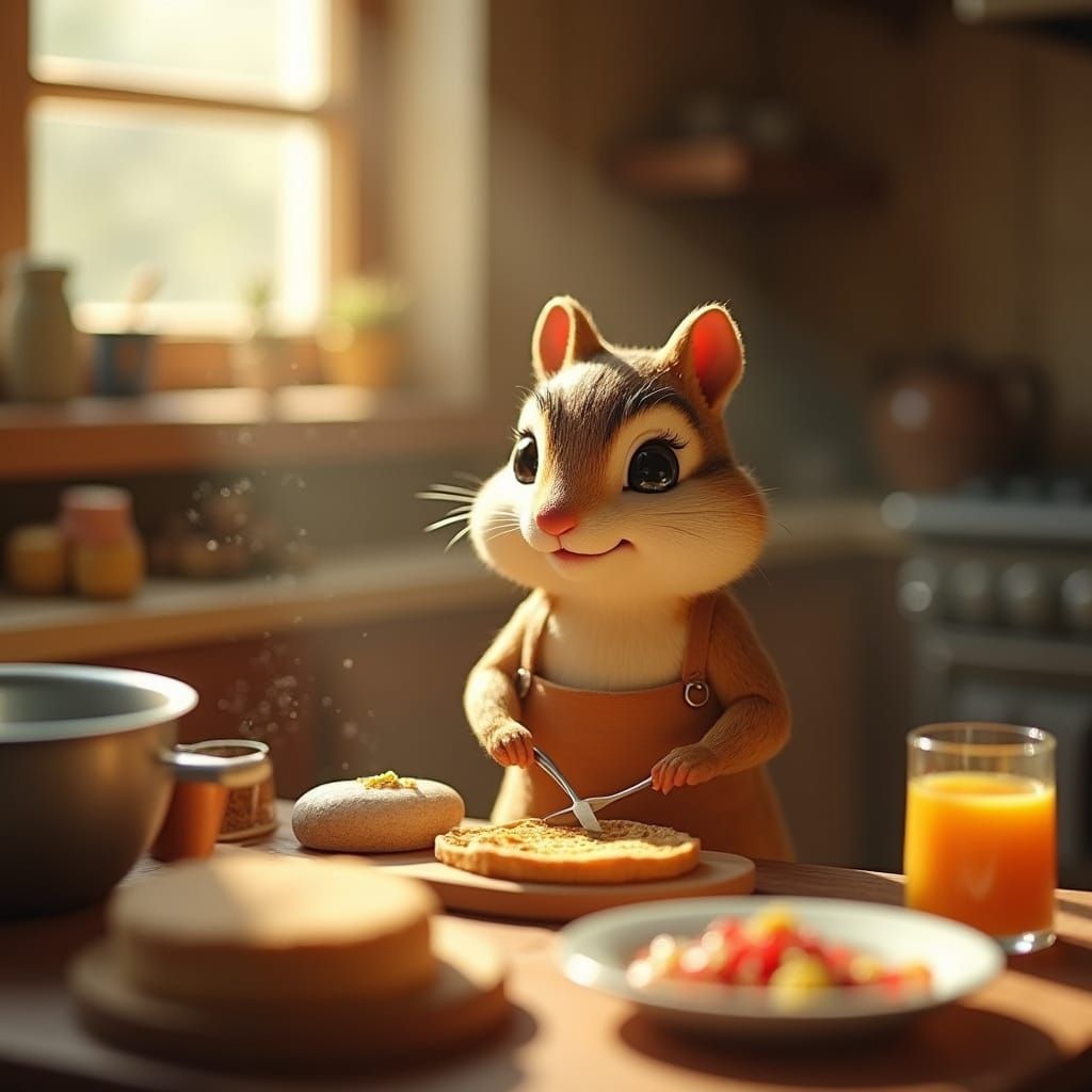 Claymation Chipmunk Makes Breakfast In Cozy Kitchen