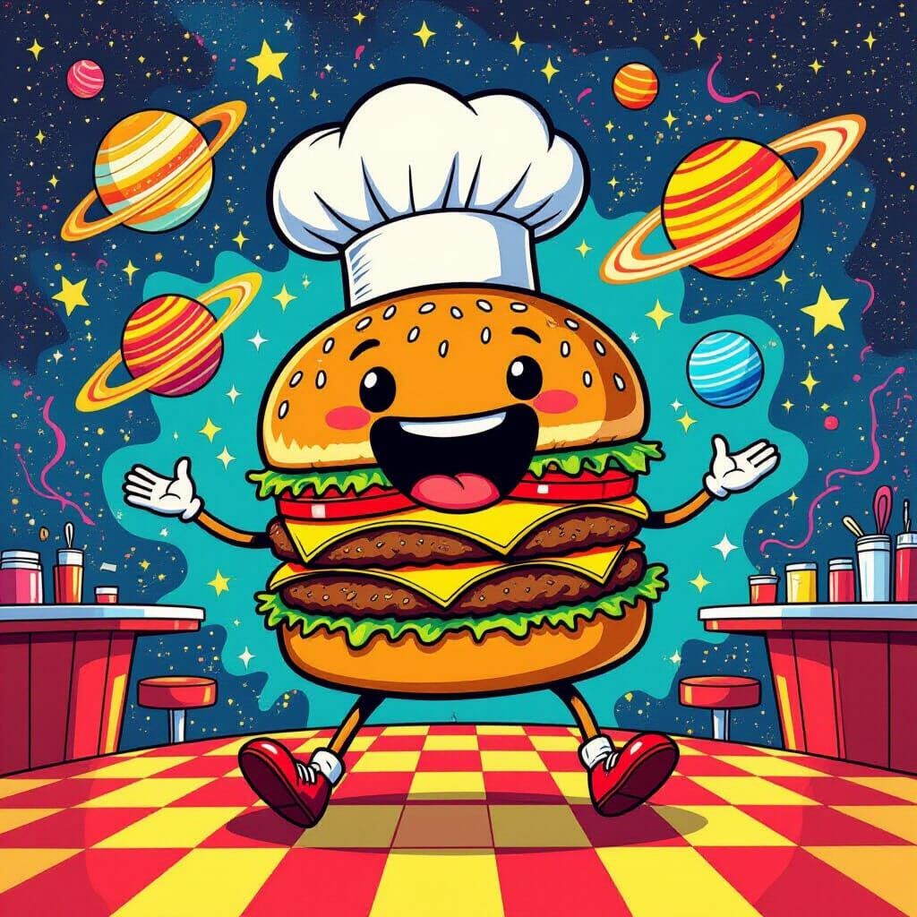 Cosmic Hamburger Chef Juggling Planets in Psychedelic Diner