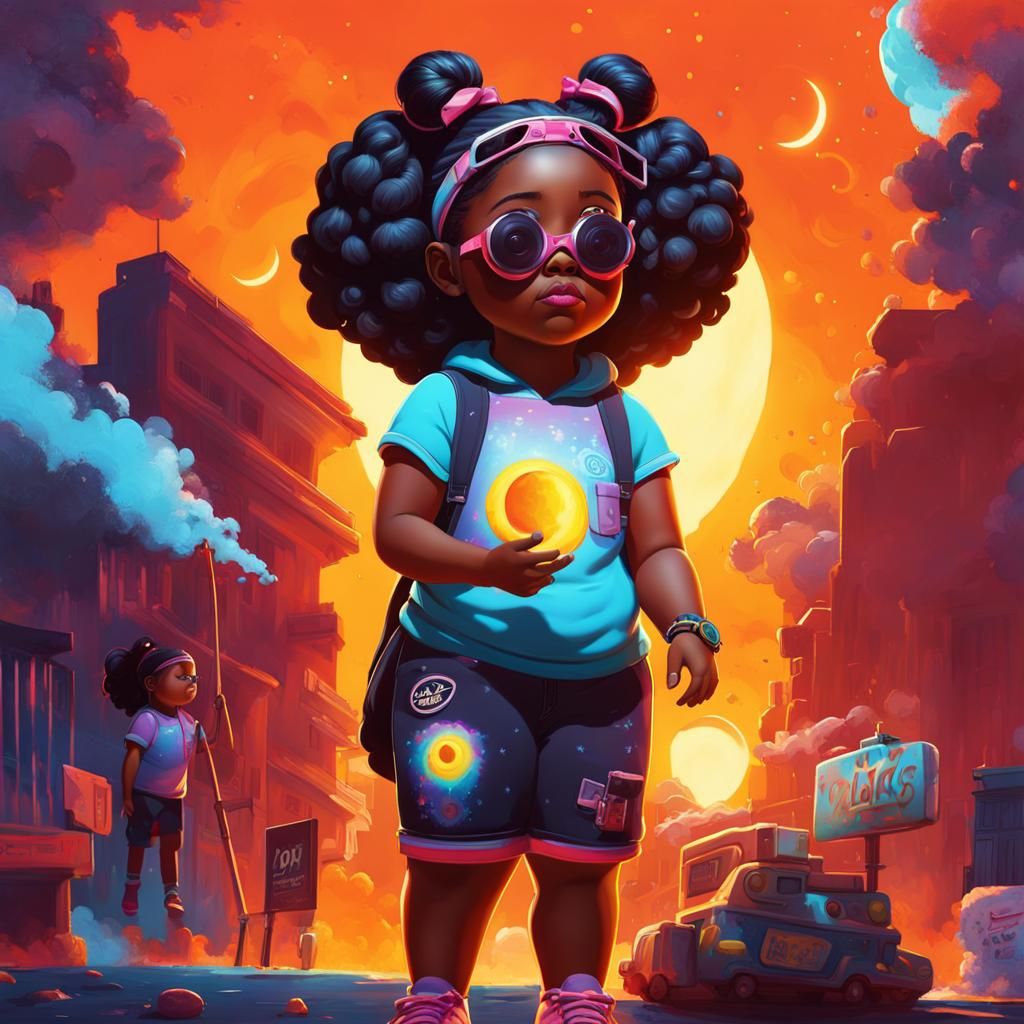 Girl Watches Solar Eclipse in Graffiti Art Style