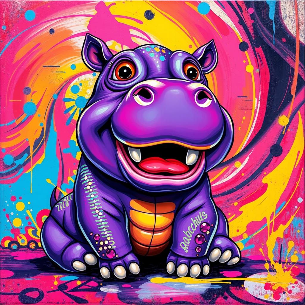Vibrant Purple Baby Hippopotamus in Whimsical Graffiti Art