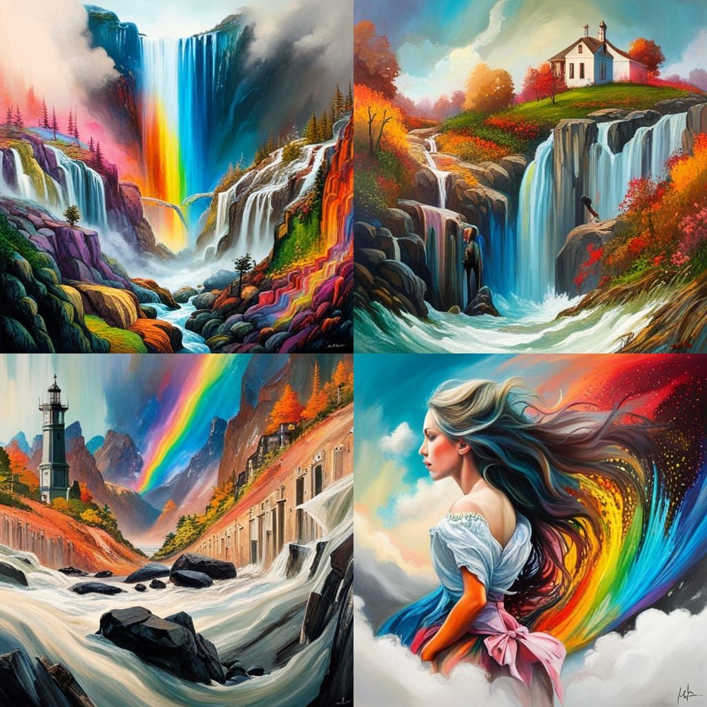 beautiful unreal waterfalls in the double rainbow sky clouds fantastical!!!!!! magic!!!! insanely detailed matte paintin...