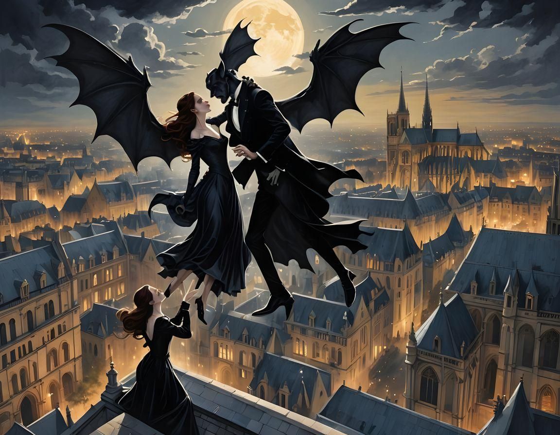 A gargoyle in black tie and a female vampire in gothic dress...