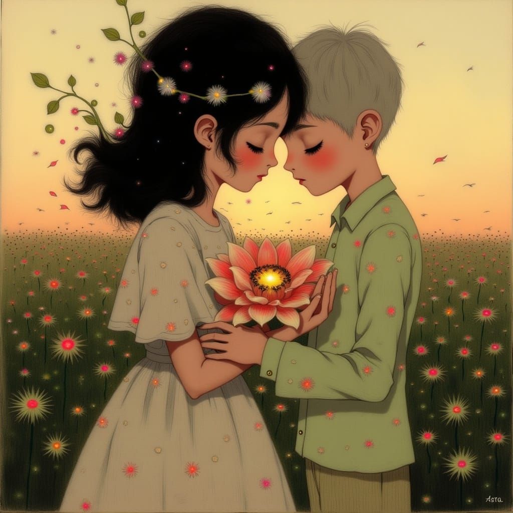 Lovers Embracing in Ethereal Golden Light