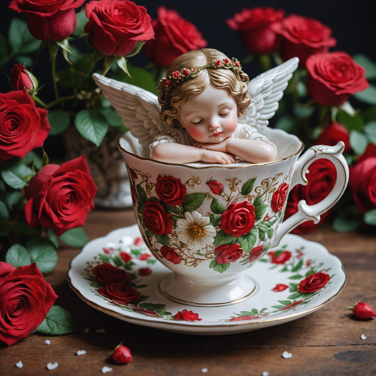 Sleeping Angel in Teacup with Roses