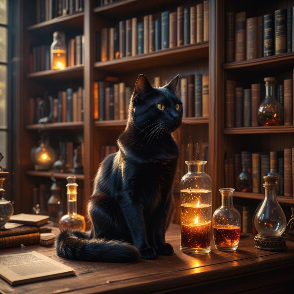 Whimsical Study in Warm Light with a Black Cat and Glowing B...