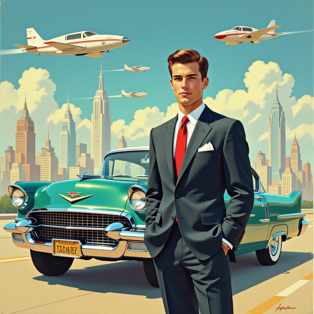 Utopian Cityscape with Cadillac in Rockwell Style