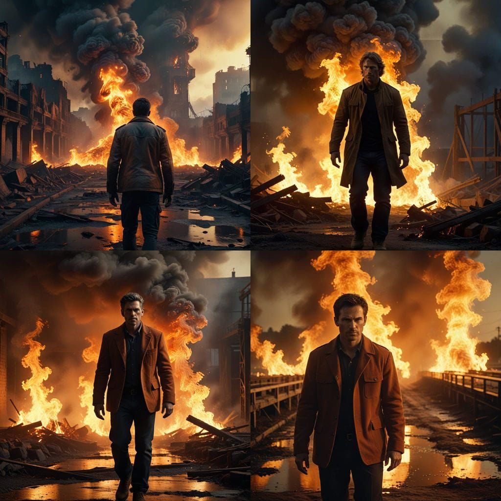 Man Turns Back to Face Burning Bridges in Determined Stance